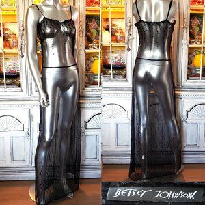 Vintage Betsey Johnson 90s Black Sheer Mesh Floral Sequin Long Maxi Slip Dress M